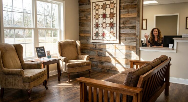 Bright, welcoming dental office reception area in Kings Mountain with natural sunlight and comfortable seating