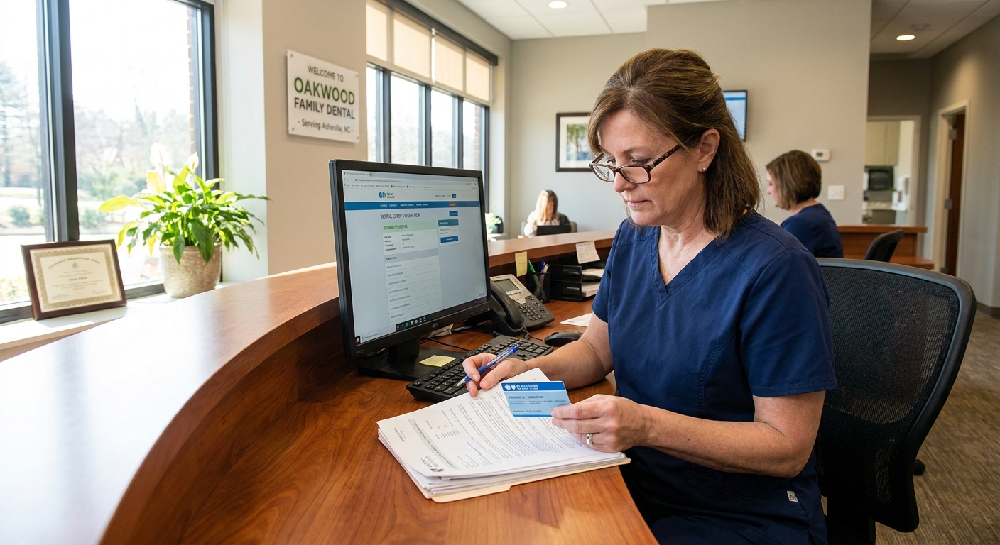 Dental office staff member verifying United Healthcare insurance benefits at front desk in Kings Mountain dental practice