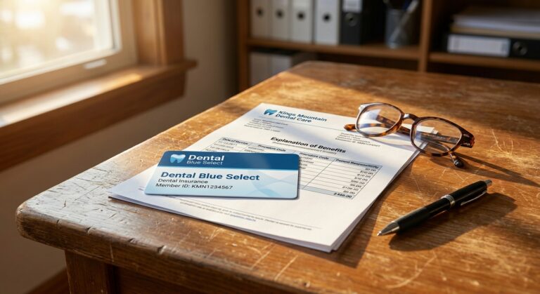 Dental insurance card and benefits explanation letter on desk with reading glasses, illustrating insurance coverage questions at Tilley Family Dentistry