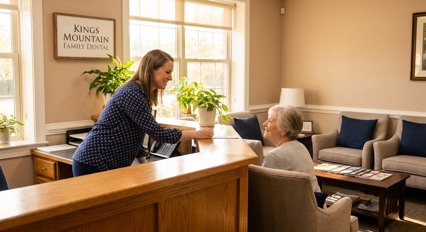 Welcoming front desk conversation at Tilley Family Dentistry in Kings Mountain NC showing staff member discussing payment options with patient